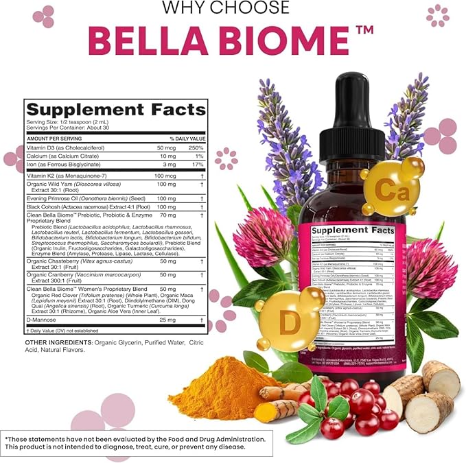 Liquid Probiotics for Women Drops with Chasteberry Black Cohosh Prebiotics Digestive Enzymes Evening Primrose Oil Wild Yam Cranberry Dmannose and Iron Vitamin D3 K2 Clean Nutra Bella Biotics