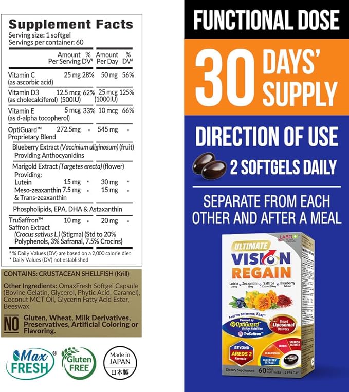 LABO Nutrition Ultimate VisionREGAIN Eye Vitamin Beyond AREDS 2 Formula with Lutein Zeaxanthin Saffron Extract Blueberry for Macular and Retinal Health Eye Fatigue Night Vision Support 60 Counts