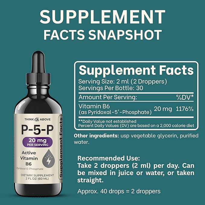Think Above P5P Liquid Drops – Activated Vitamin B6 (Pyridoxal-5-Phosphate) – Fast Absorption Formula – 2 oz (60 mL) Pack of 2