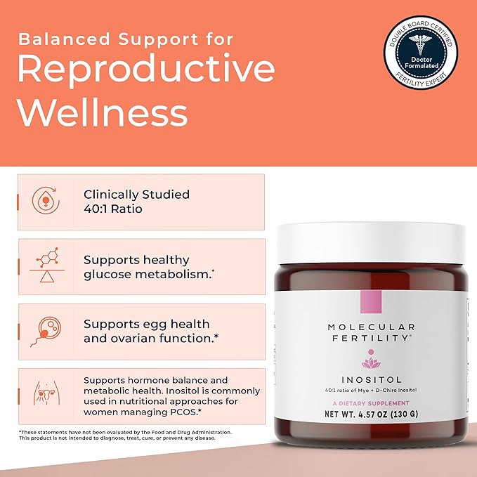 Myo-Inositol &amp D-Chiro Inositol Powder - Fertility Supplement for Women &amp Men - 40:1 Ratio Hormone Balance Reproductive Support Glucose Metabolism - Unflavored - 30 Day Supply