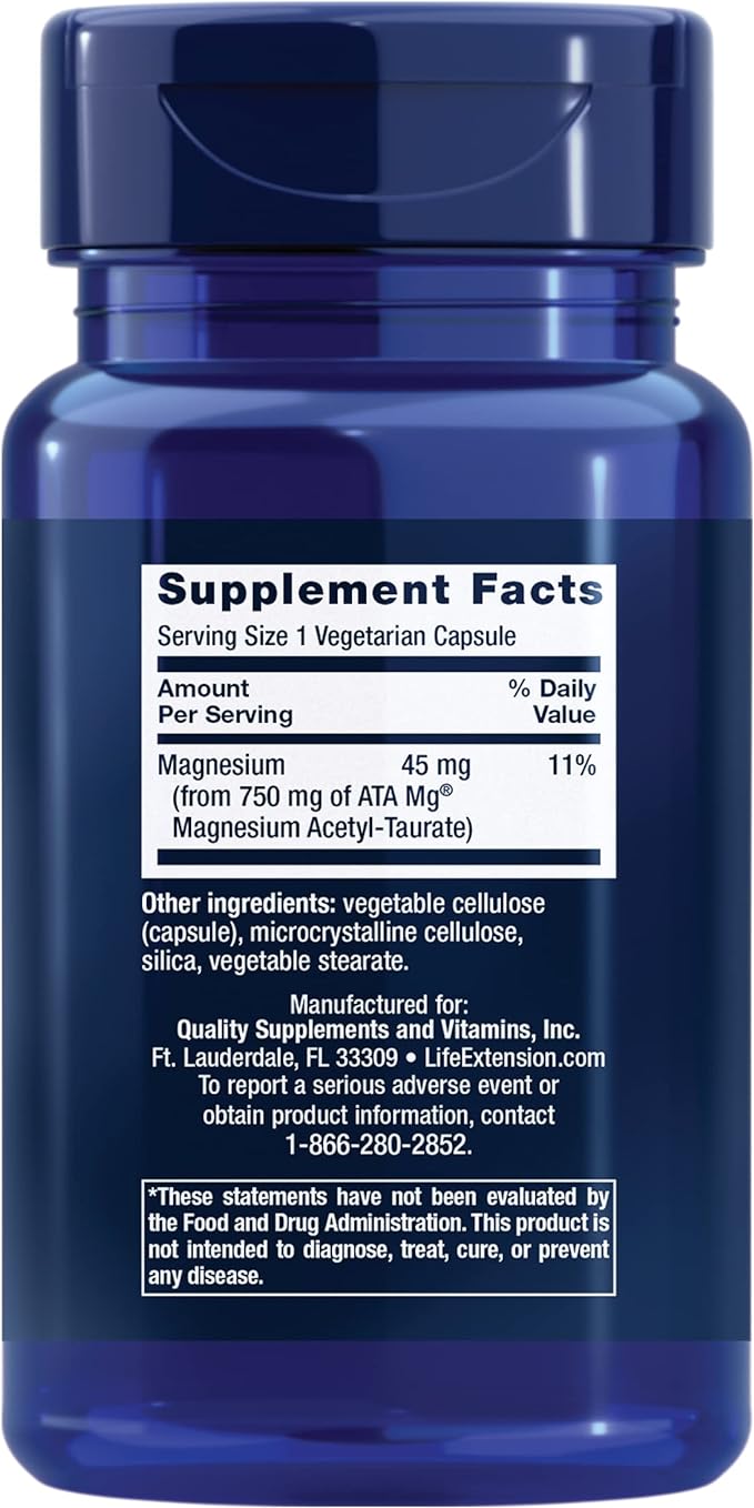 Life Extension Calm-Mag Magnesium Acetyl taurinate Daily Stress Management Formula Supports Calmness and Relaxation Gluten-Free Non-GMO Vegetarian 30 Capsules