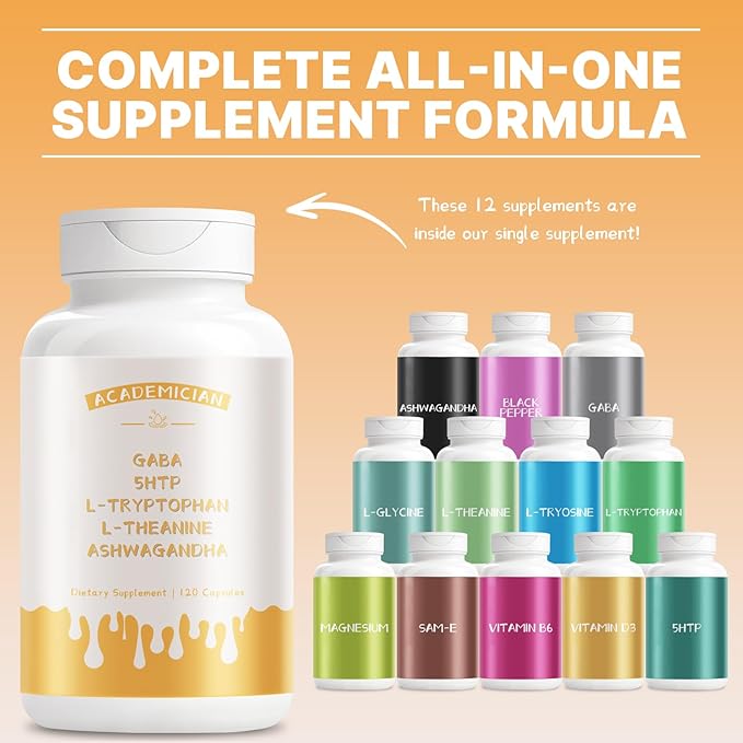 Ashwagandha Supplements with GABA Supplement L-Tryptophan Capsule 5-HTP L-Theanine Capsules - 120 Count