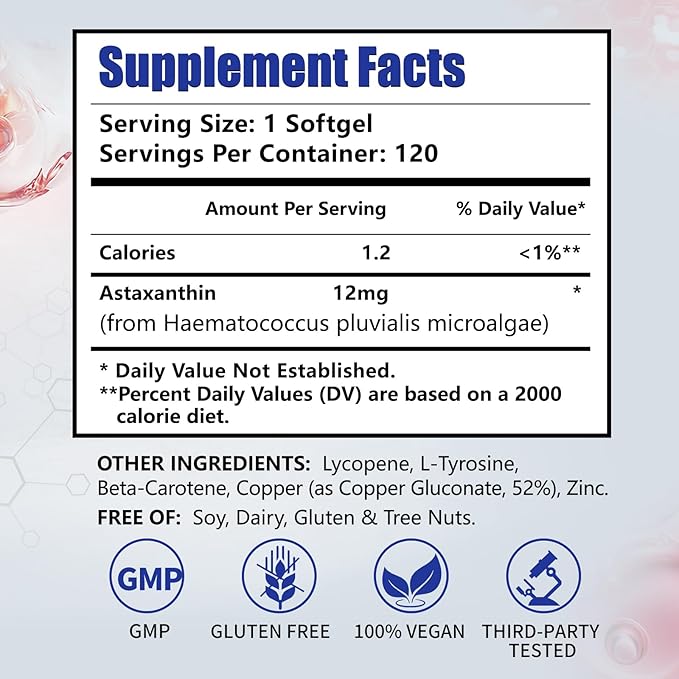 Astaxanthin 12mg Supplements 120 Softgel Max Strength Astaxanthin Antioxidant Supplements Fresh Microalgae 4 Month Supply 2 Bottles
