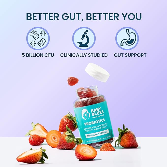 Baby Blues Probiotic Gummies for Women – Organic Strawberry Flavor – Gut Immune Skin &amp Vaginal Health – 5 Billion CFU DE111® – Vegan Daily Supplement for Moms – Pre/Postnatal Support