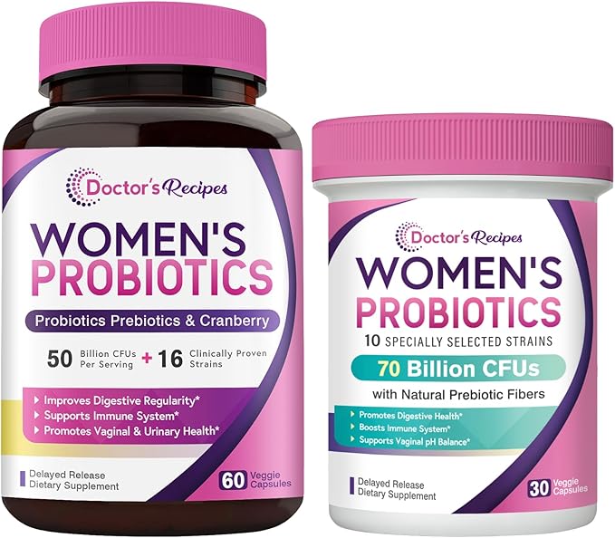 Doctor's Recipes Women's Probiotics Bundle Feminine Health and GI Support No Gluten Pro 50 Billion (60 Capsules) &amp 70 Billion (30 Capsules)