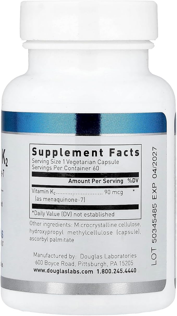 Douglas Laboratories Vitamin K2 - 90 mcg MK-7 - Supports Bone Formation Calcium Use Heart Health &amp Blood Vessels* - Vegetarian Formula - 60 Capsules