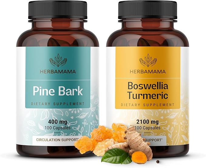 HERBAMAMA Pine Bark and Boswellia Turmeric Kit - Bundle of French Maritime Capsules &amp Boswellia Turmeric Capsules - Vegan Non-GMO Gelatin-Free - 2 Pack