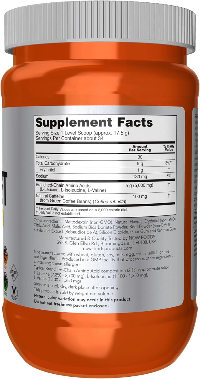 NOW Foods Sports Nutrition BCAA Blast Powder 5 g BCAA 100 mg Caffeine Tropical Punch 600-Grams