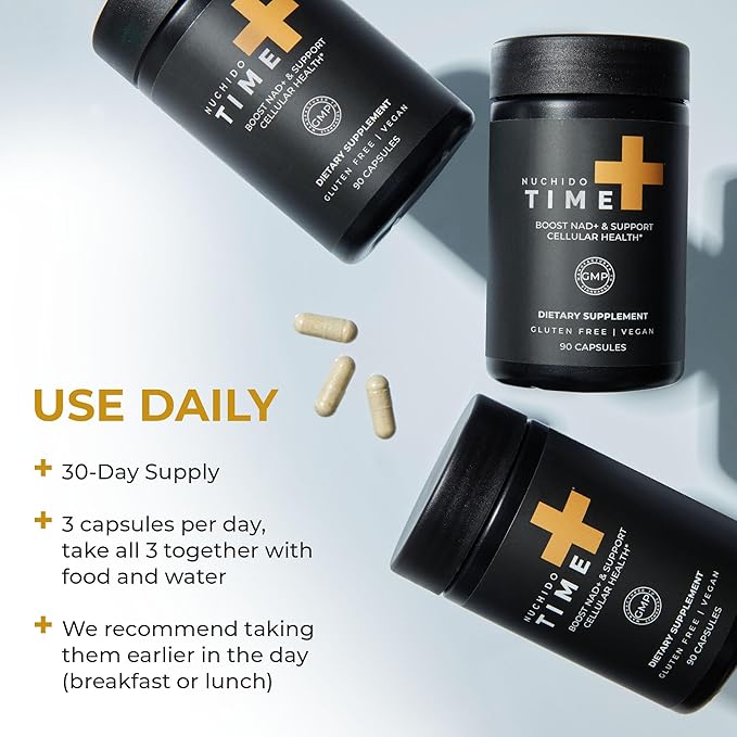 Nuchido Time+ NAD Supplement for Women &amp Men - Advanced Formula for Healthy Aging Energy Focus Cellular Health &amp Longevity - Nicotinamide Alpha Lipoic Acid Quercetin - 90 Capsules