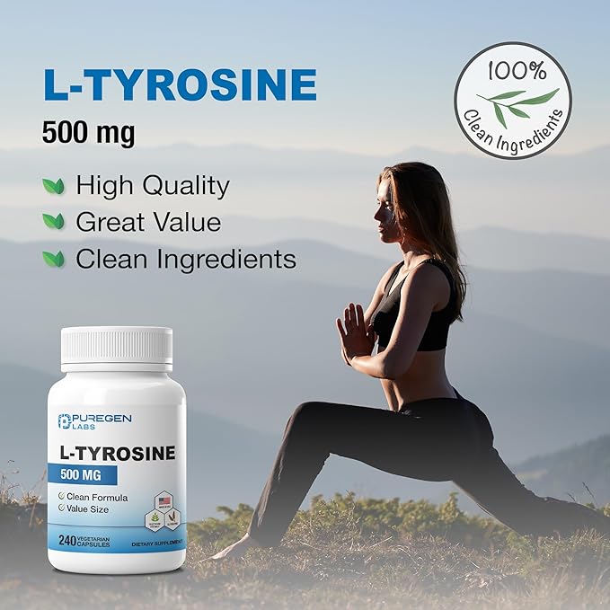 Puregen Labs L-Tyrosine 500 mg Total - 480 Vegetable Capsules | No Harmful Additives | Brain &amp Nervous System Support Non-GMO Vegan Gluten Free Dairy Free - 480 Servings