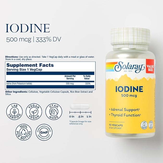 Solaray Iodine 500 mcg Iodine Supplement for Healthy Adrenal and Thyroid Support Energy Metabolism and Focus Potassium Iodide Vegan 60-Day Money-Back Guarantee 90 Servings 90 VegCaps