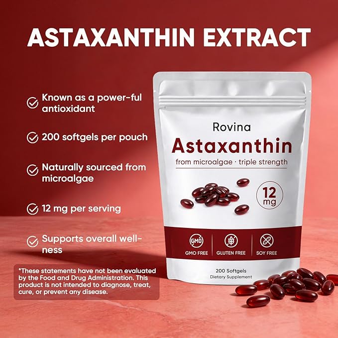 Rovina Astaxanthin Astaxanthin 12mg Antioxidant Supplement for Daily Wellness Immune Eye &amp Skin Support Non-GMO Gluten Free - 200 Softgels (1)