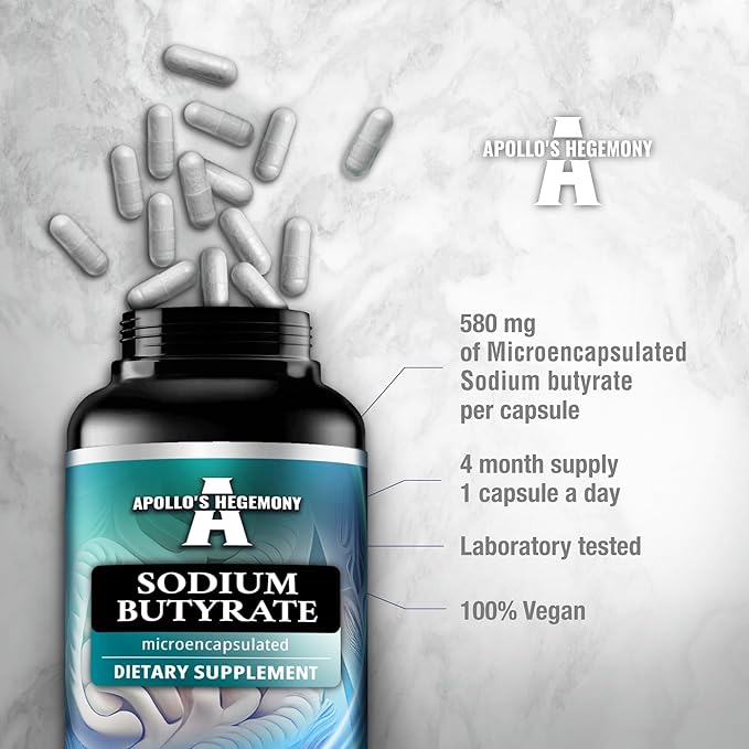 Sodium Butyrate High Dose 580 mg (30% Butyric Acid) 120 Vegan Capsules 4 Month Supply Sodium Supplement to Support Overal Gut Health - by Apollo's Hegemony
