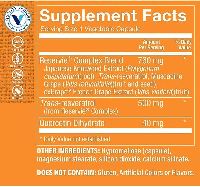 The Vitamin Shop Reservie™ Trans Resveratrol – Antioxidant Supplement for Cellular Health Cardiovascular Function &amp Healthy Aging – 60 Vegan Capsules High Potency Non-GMO (Pack of 1 500MG)