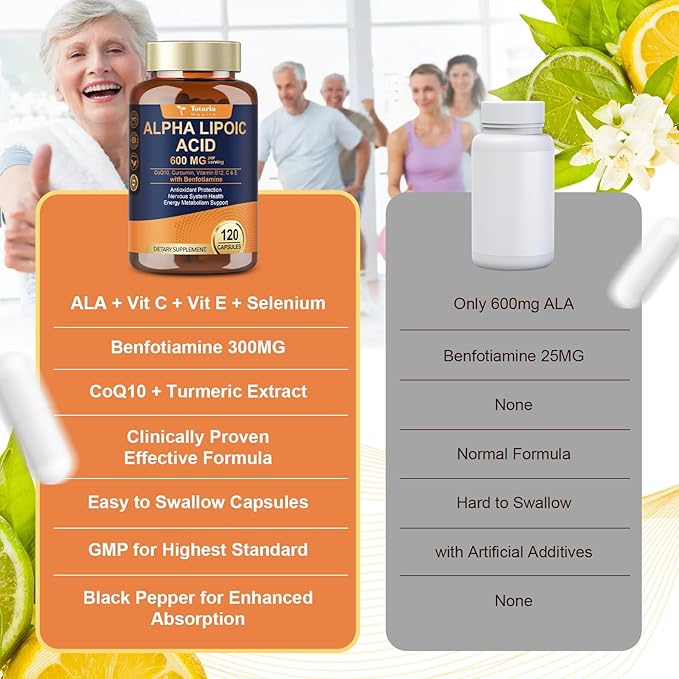 Alpha Lipoic Acid 600mg with Benfotiamine 300mg - ALA Supplement for Antioxidant Nerve Health Energy &amp Metabolism Support Cell Energy Neuropathy Supplement Anti-Aging Non-GMO Gluten Free V