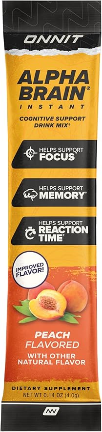 ONNIT Alpha Brain Instant Cognitive Support Drink Mix Nootropic Supplement for Focus Memory and Clarity Peach Flavor 0.13 oz Packets 30 Count