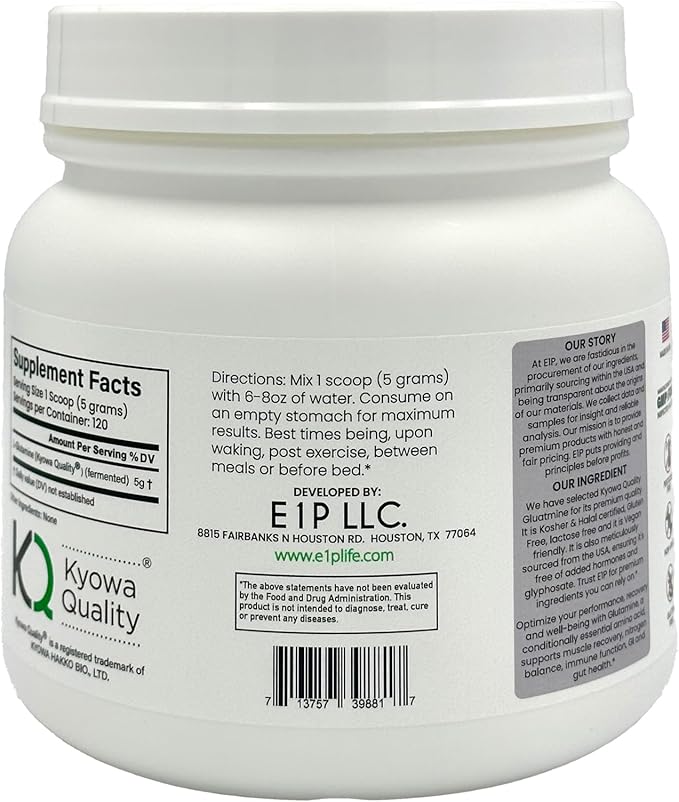 L-Glutamine 600grams (120 Servings) Unflavored Non-GMO Vegan Fermented Third-Party Lab Tested. Made with Halal and Kosher Certified Ingredients.