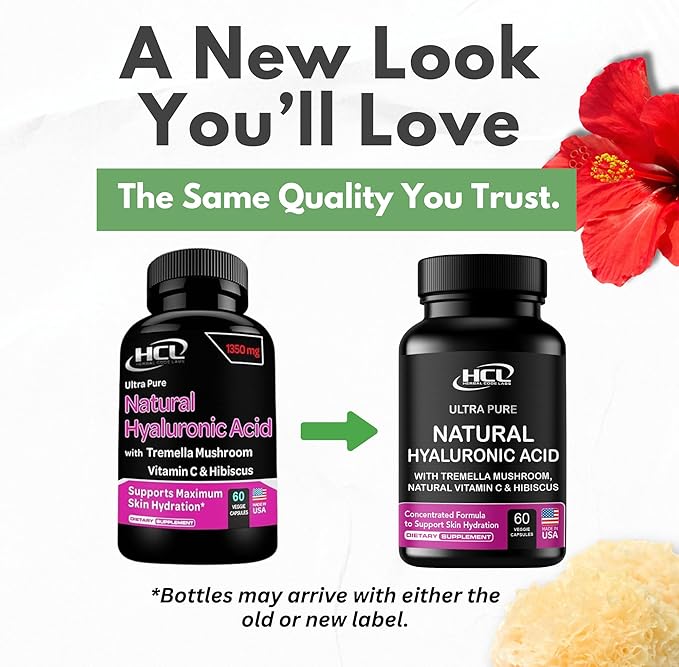 Natural Hyaluronic Acid Supplement 5X Stronger Hydration Pills from Pure Tremella Mushroom with Vitamin C &amp Hibiscus - Skin Supplement Anti Wrinkle Dietary Capsules - hair nails vitamins