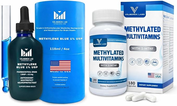 Methylene Blue 1% Liquid (4oz) + Methylated Multivitamin Bundle – 118ML Drops &amp 180 Capsules – Active 5-MTHF Methyl B12 &amp B Complex – Made in USA – Third Party Tested Supplements