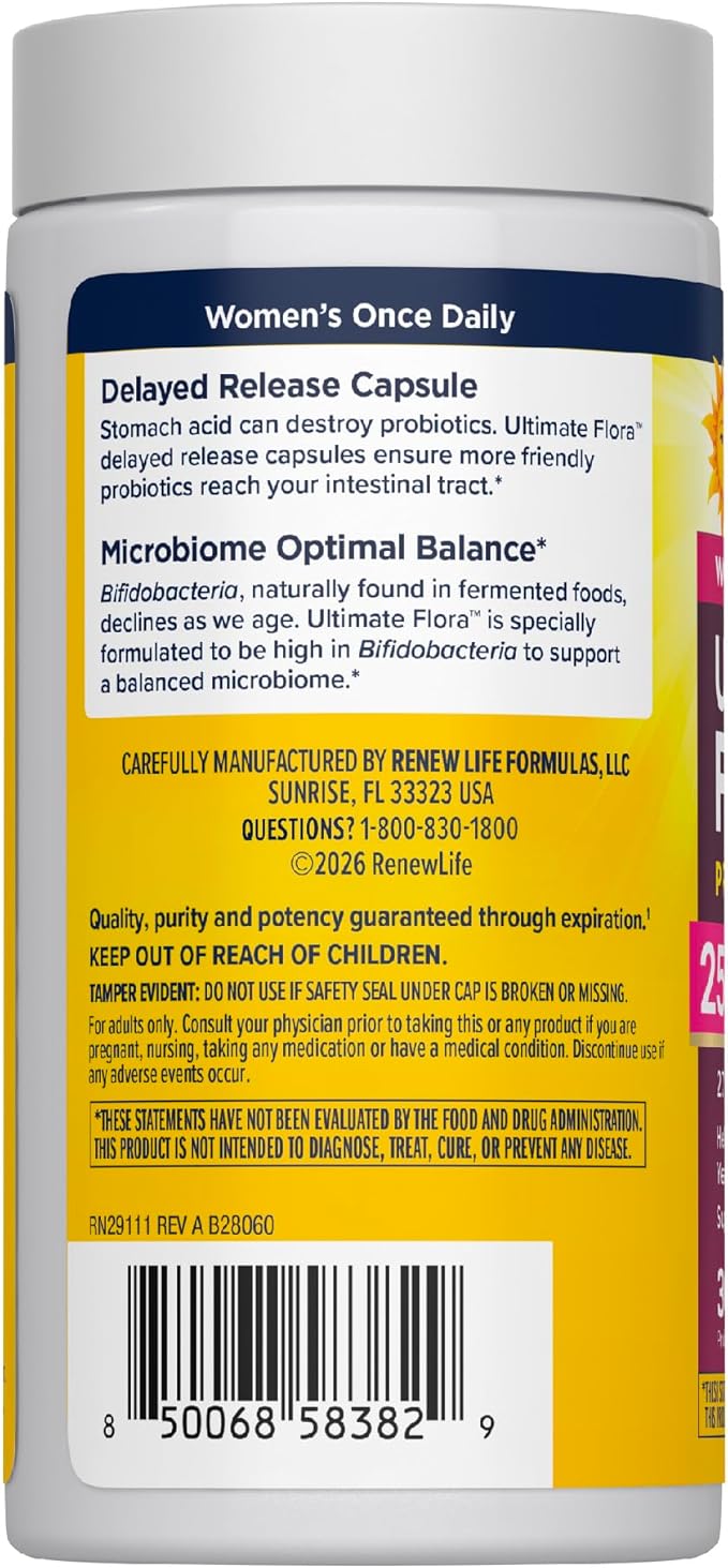 Renew Life Ultimate Flora Probiotics for Women with Prebiotics | 25 Billion CFU | 30 Delayed Release Capsules | 3 in 1 Synbiotic | Supports Digestive and Immune Health | Dairy Soy and Gluten-Free