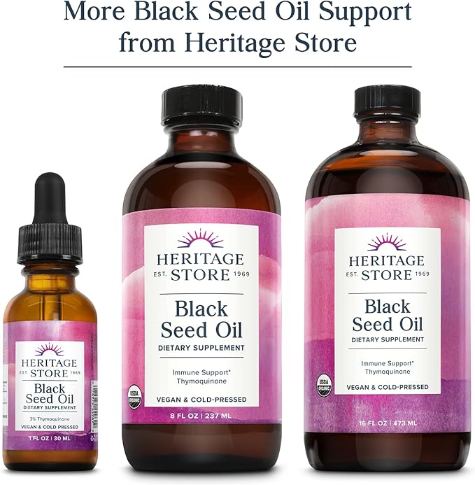HERITAGE STORE Black Seed Oil Liquid Capsules 650mg Nigella Sativa Oil Supplement with Thymoquinone Omega 3 6 9 Antioxidant Cholesterol Digestive Joint &amp Immune Support* Vegan 45 Serv 90c