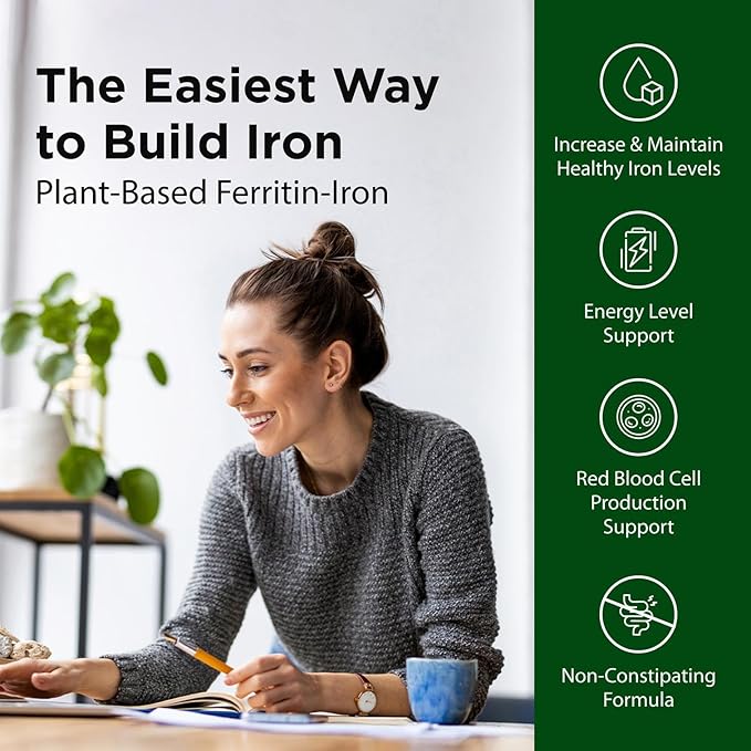 Flora Ferritin+ Delayed-Release Iron Supplement - Plant-Based Iron Supplement - Blood Cell &amp Energy Support - Vegan &amp Gluten-Free - Amber Glass Bottle - 60 Vegan Capsules