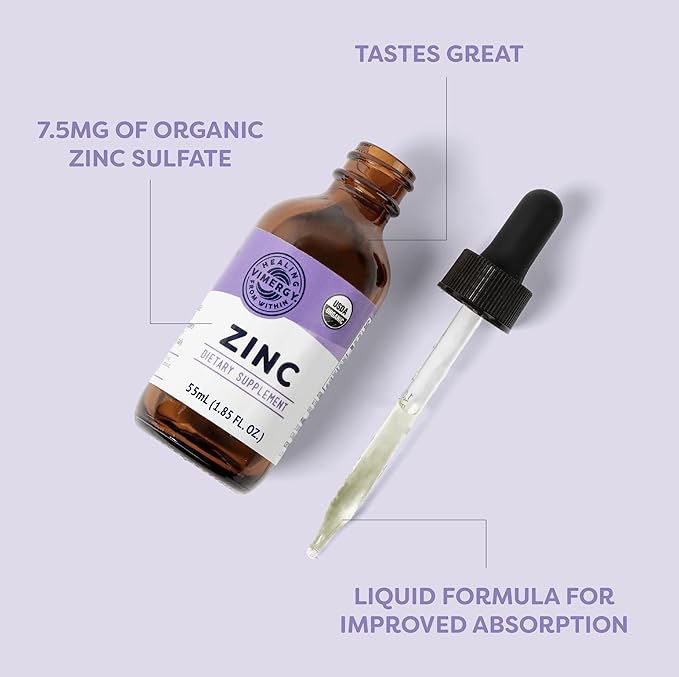 VIMERGY USDA Organic Zinc Supplements for Women &amp Men (7.5mg Liquid Zinc Per Serving) Fast-Absorbing Immune Support Promotes Healthy Bones &amp Skin Vegan