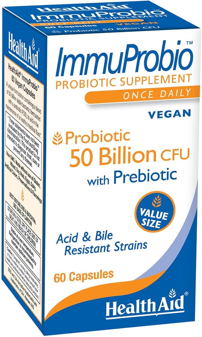 HealthAid ImmuProbio 50 Billion CFU Probiotic – Once Daily Digestive &amp Immune Support – with Prebiotic (FOS) &amp DDS-1 Strain – Acid &amp Bile Resistant – Vegan – 60 Capsules*