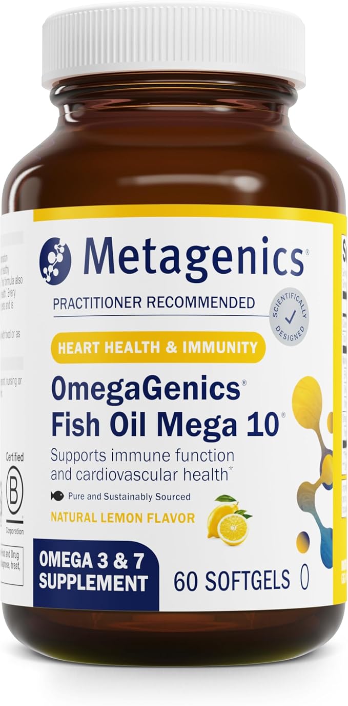 Metagenics OmegaGenics Mega 10 Omega Supplement- with Omega-7 330 mg EPA &amp 170 mg DHA for Heart Health*- Sustainably Sourced &amp No Fishy Aftertaste - Non-GMO &amp Gluten-Free - 60 Softgels