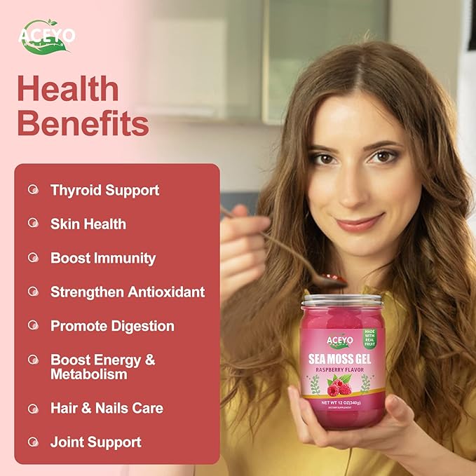 ACEYO (12 OZ) Irish Sea Moss Gel Organic Raw Vegan Raspberry Flavor 102 Vitamins and Minerals Wild Harvested Non-GMO Immune Defense Booster Thyroid Digestive Support