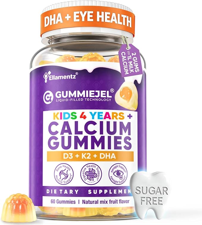 Sugar Free Kids Calcium Gummies (Ages 4-12) - 300mg Calcium Citrate w/Vitamin D3 K2 Magnesium - Algae DHA Lutein &amp Zeaxanthin for Strong Bones Eye &amp Brain Support - Gelatin Free - 60 Gummies