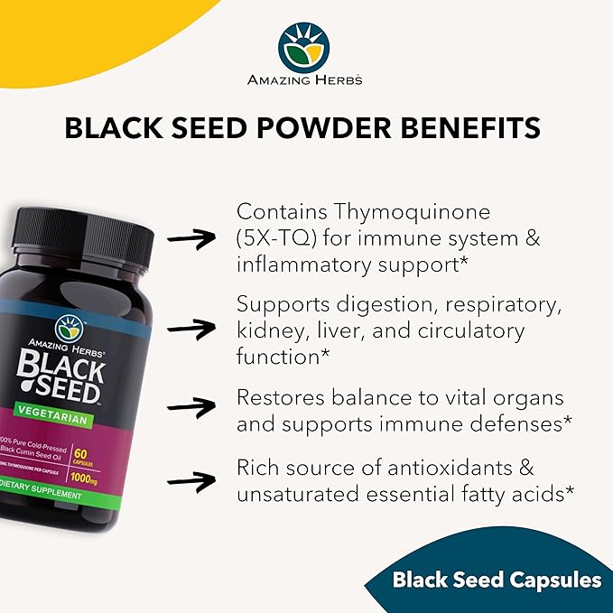 Amazing Herbs Black Seed Oil Capsules - Black Seed Oil Pills Black Cumin Seed Oil Capsules Cold Pressed Nigella Sativa Supplement Blackseed Oil Non GMO 100% Pure - 60 Vegetarian Capsules 1000 mg