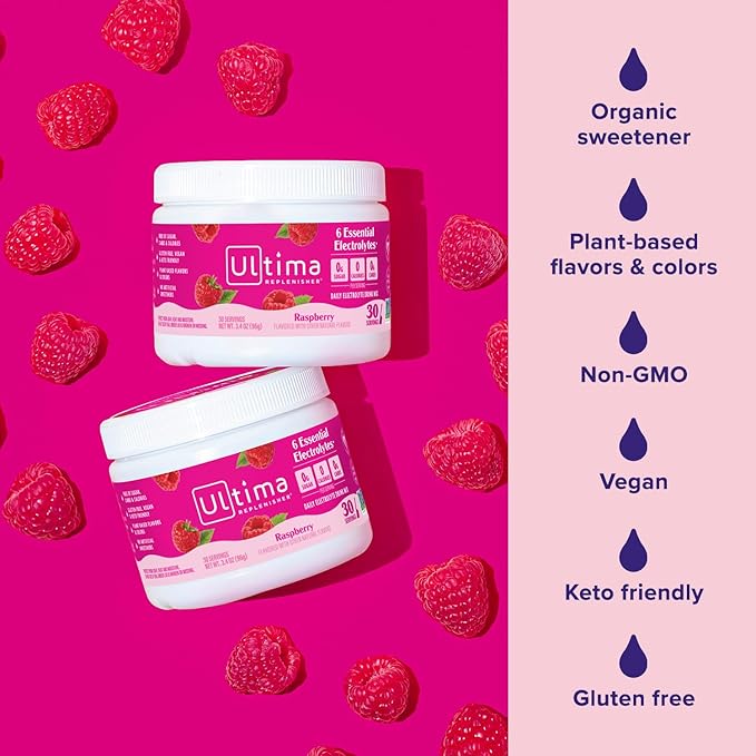 Ultima Replenisher Daily Electrolyte Powder Drink Mix – Sugar Free – Raspberry 30 Servings – Hydration Powder with 6 Key Electrolytes and Trace Minerals – Keto Friendly Vegan Non-GMO