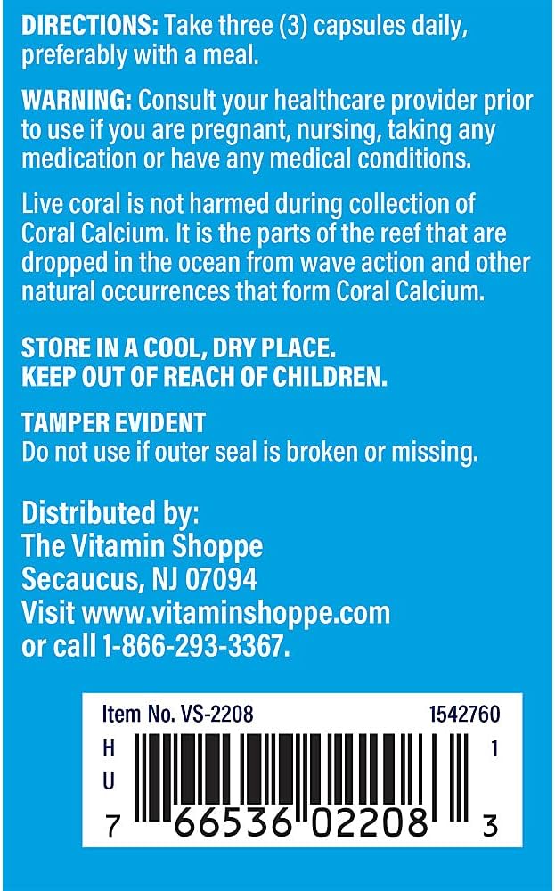 The Vitamin Shoppe Coral Calcium 1500MG - Eco Safe Source of Calcium Magnesium &amp Trace Minerals to Support Healthy Bones and Teeth (180 Capsules)