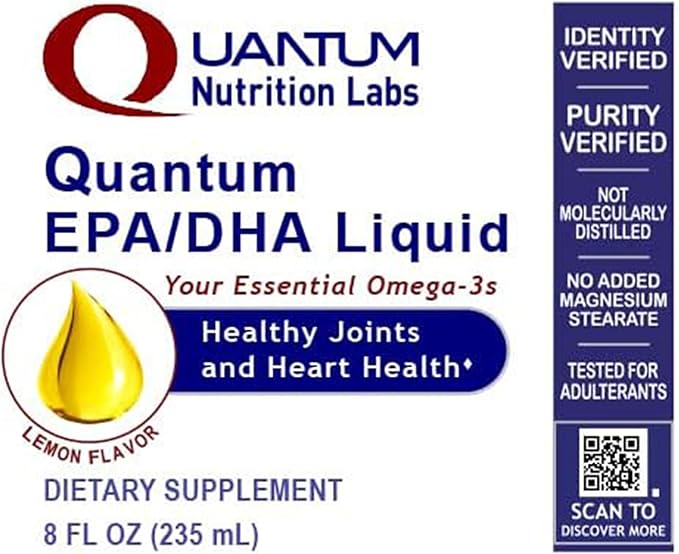 Quantum Nutrition Labs EPA/DHA Liquid - Omega 3 Fish Oil Liquid Omega 3 Liquid Fish Oil Supplement for Adults Joint Heart &amp Brain Health Support - 8 Fl Oz Bottle