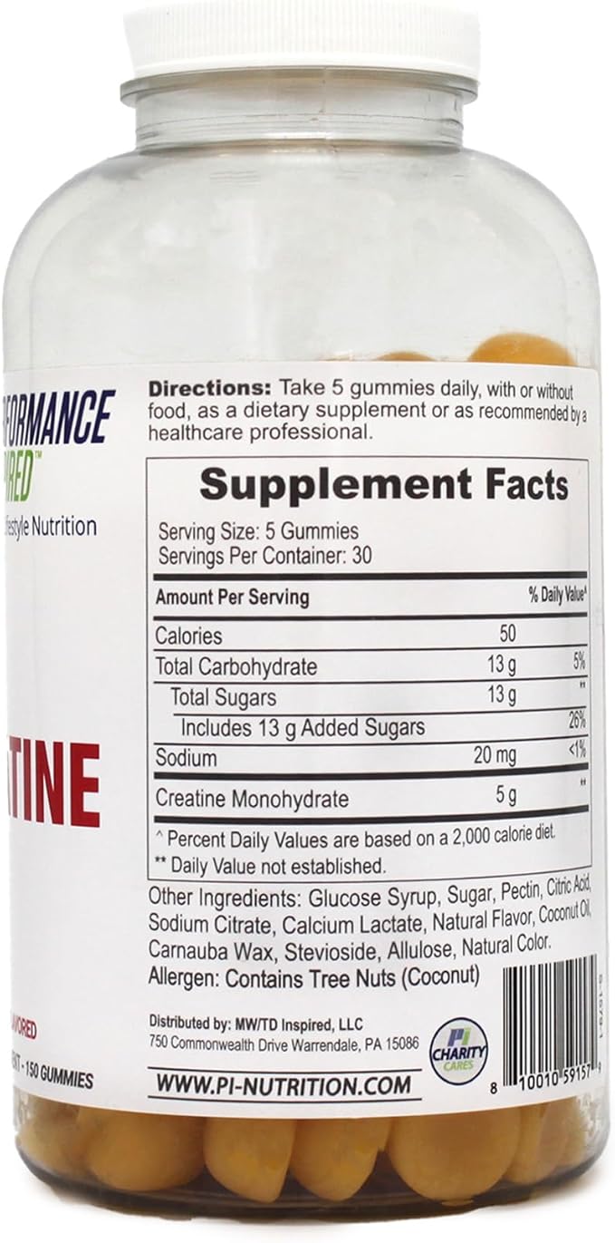 PERFORMANCE INSPIRED Creatine Gummies – 5g Creatine Monohydrate – Muscle Recovery &amp Strength Support – Lemon Flavor – 150 Count