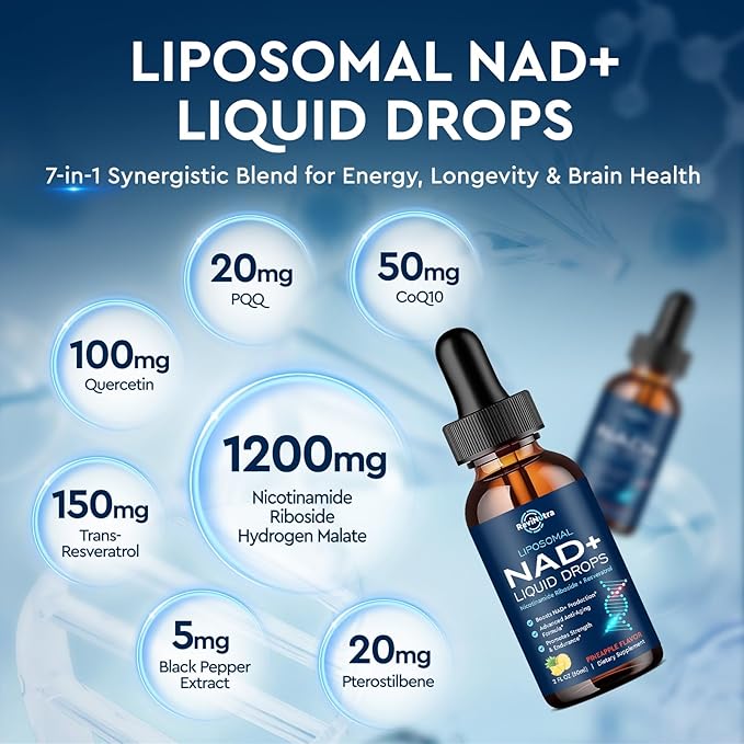 Liposomal NAD Supplement - 1200mg NAD+ Liquid Drops for Women &amp Men Nicotinamide Riboside with Resveratrol PQQ CoQ10 Quercetin for Anti-Aging Brain &amp Cellular Mitochondrial Pineapple 4 F