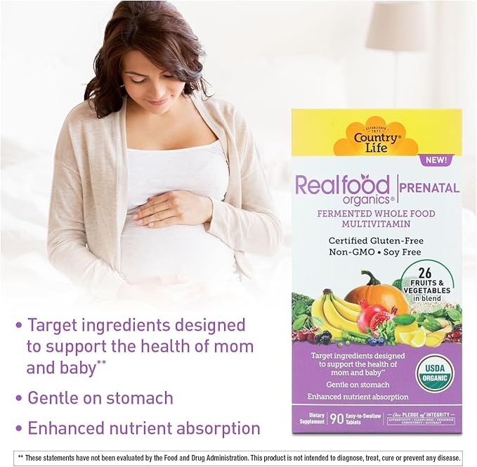 Realfood Organics Prenatal Multi - Before During &amp Post Pregnancy - Folate D3 &amp Iron to Support Healthy Fetal Growth and Development* Gentle on Stomach Gluten-Free Soy Free 90 Tablets