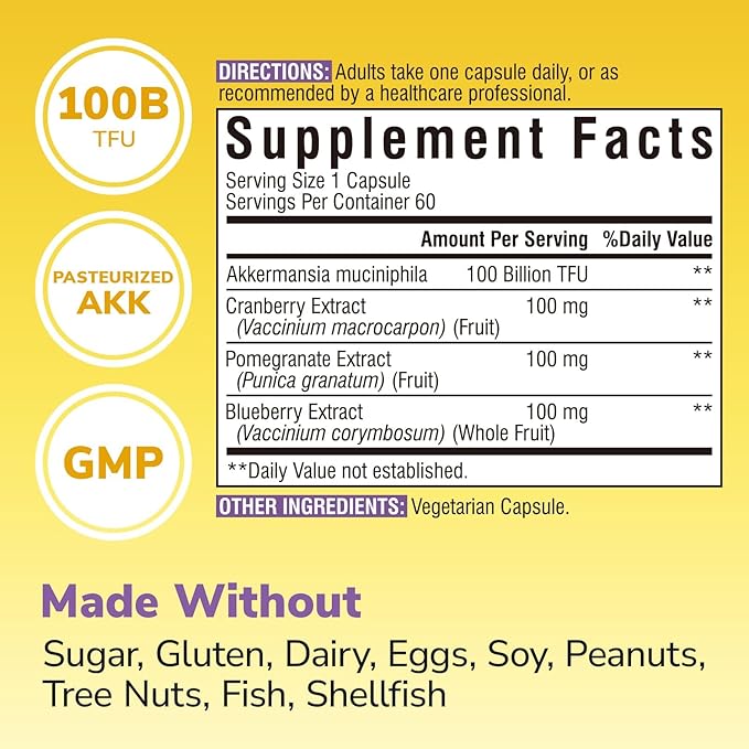 Akkermansia Probiotics 100 Billion TFU Pasteurized Akkermansia Muciniphila w/Cranberry Blueberry &amp Pomegranate Digestive &amp Immune Health Leaky Gut GLP-1 Supplement 60 Vegan Capsules