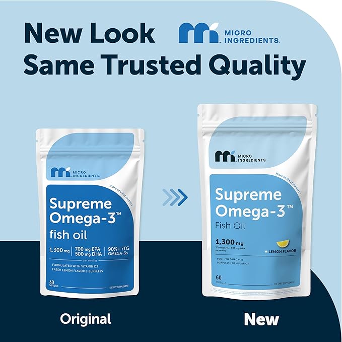 Micro Ingredients Supreme Omega-3 Fish Oil w/Ultra High EPA &amp DHA Burpless Softgels | rTG Omega-3 with Vitamin D3 | Wild-Caught Cold Deep-Sea Fish | Lemon Flavor Easy to Swallow 60ct