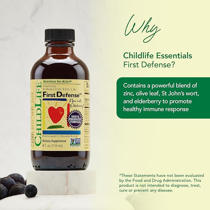 CHILDLIFE ESSENTIALS First Defense - Kids Immune Support Immune Support for Kids Toddlers 1-3 Babies 6 Months+ Vitamin Syrup with Elderberry Zinc Non GMO Gluten Free - 4 Fl Oz (Pack of 3)