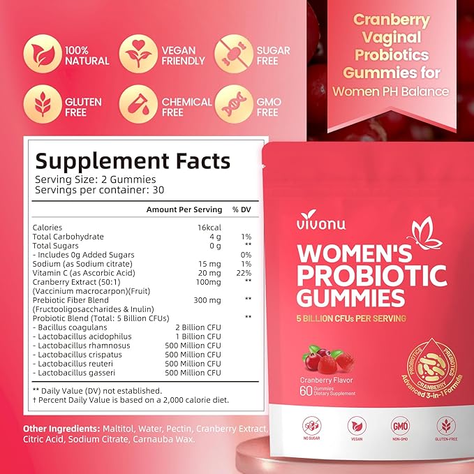VivoNu Viginal Probiotic for Women Women Probiotic Gummies Feminine Balance Gummies Cranberry Probiotics for Woman Vaginigal Health Yeast Ph Balance| 60 Gummies