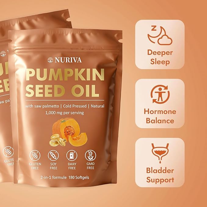 NURIVA Pumpkin Seed Oil with Saw Palmetto – Cold Pressed Pure Virgin Oil Rich in Essential Fatty Acids &amp Phytosterols – Supports Hair Urinary &amp Prostate Health – Non-GMO 100% Natural(1pc)