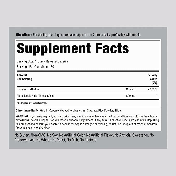 Piping Rock Alpha Lipoic Acid 600mg | 180 Capsules | Plus Biotin Optimizer | ALA Supplement | Non-GMO Gluten Free