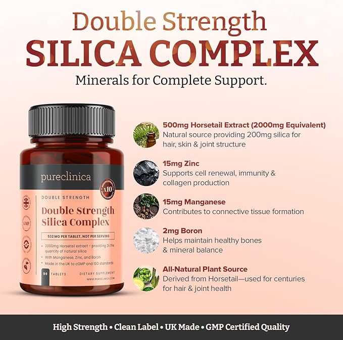 Double Strength Silica Complex – 500mg Horsetail Extract (4:1) per Tablet – 90 Tablets – 3 Month Supply – with Zinc Manganese &amp Boron