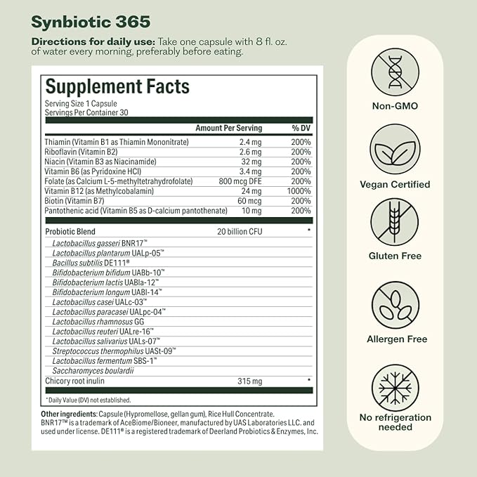 Synbiotic 365 Triple Action Prebiotics and Probiotics for Women &amp Men | Supplement with B Vitamins Biotin &amp Niacin | Gluten Free Non-GMO &amp Vegan | 20 Billion CFU | 30 Servings