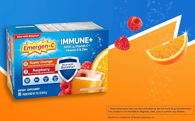 Emergen-C Immune+ 1000 mg Vitamin C + Vitamin D &amp Zinc (Super Orange 60 Ct/Raspberry 30Ct) 90 Packets