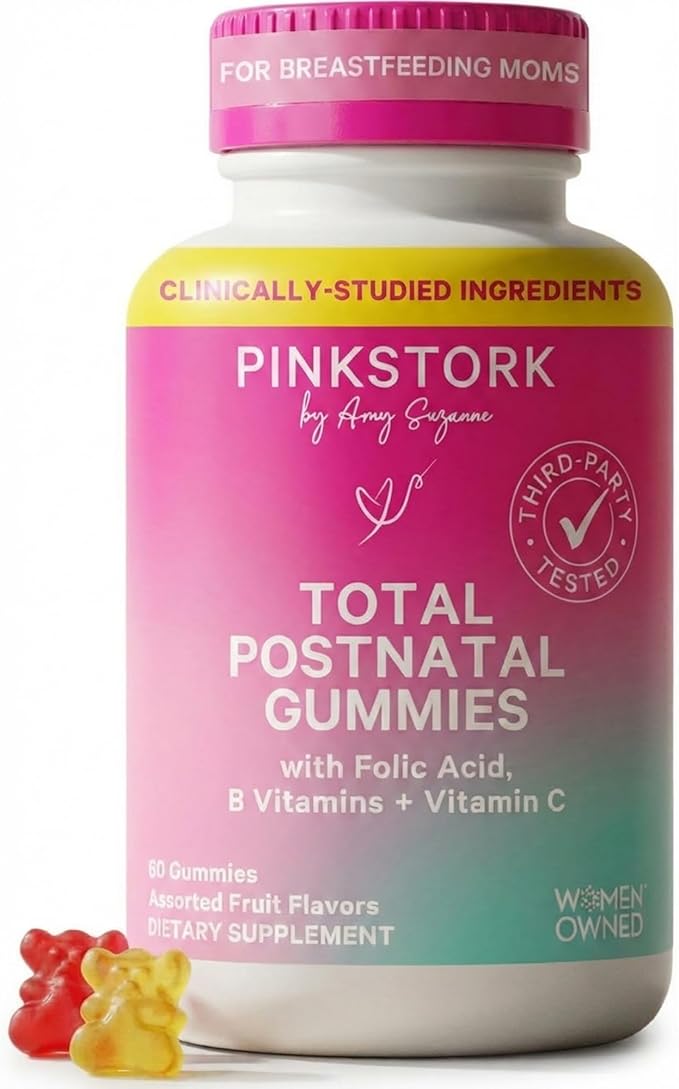 Pink Stork Total Postnatal Vitamin Gummies - Multivitamin for Postpartum Recovery and Lactation Support - Folic Acid B6 and Vitamin C - Postpartum Essentials - 60 Gummy Vitamins