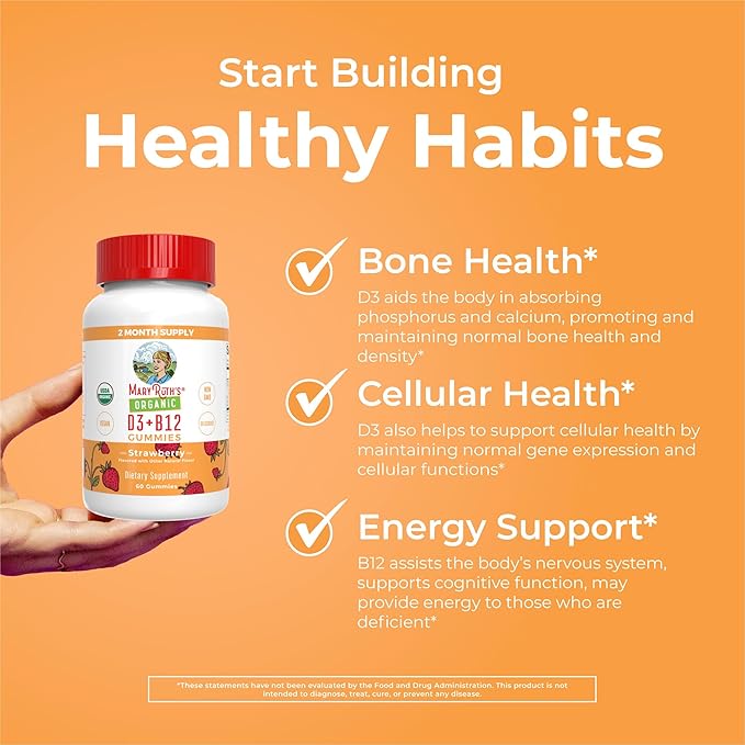 MaryRuth Organics's Vitamin D3 B12 Gummies | USDA Organic | 2 Month Supply | Vitamin D &amp B12 Vitamin Supplements for Adults &amp Kids | Bone Health | Healthy Energy Levels | Non-GMO | 60 Servings