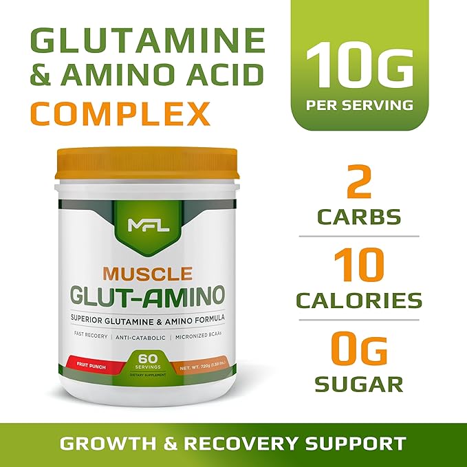 MFL Muscle Glut-Amino | Glutamine Complex | Amino Complex | 0 Sugar | Sweetened with Stevia | All-Natural | 60 Servings (Fruit Punch)